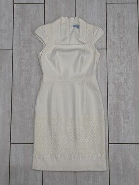 ANTONIO MELANI White Textured Sheath Midi Dress With Ivory Lace & Cap Sleeves
